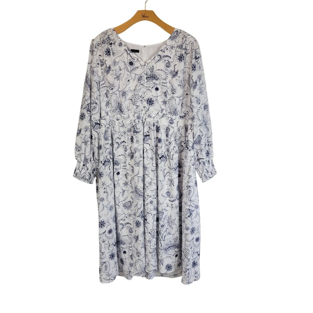 Talbots Plus Paisley Floral‎ Midi Dress White Blue Size 18W Long Sleeves